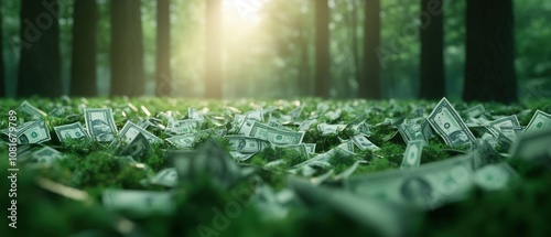 A surreal scene of scattered money in a tranquil forest setting. photo