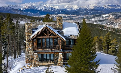 Traditional log cabin set on a snow-covered peak, featuring a warm exterior and a stunning view of a forested valley below photo