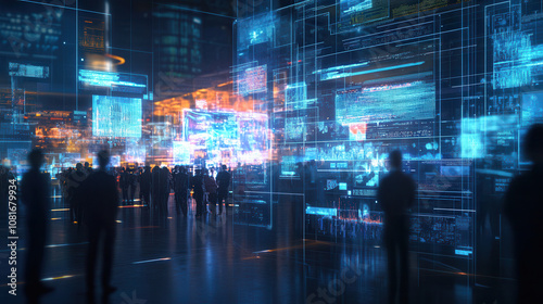 Wallpaper Mural Futuristic digital art depicting bustling technological environment with silhouettes of people interacting with holographic displays. scene conveys sense of innovation and connectivity Torontodigital.ca