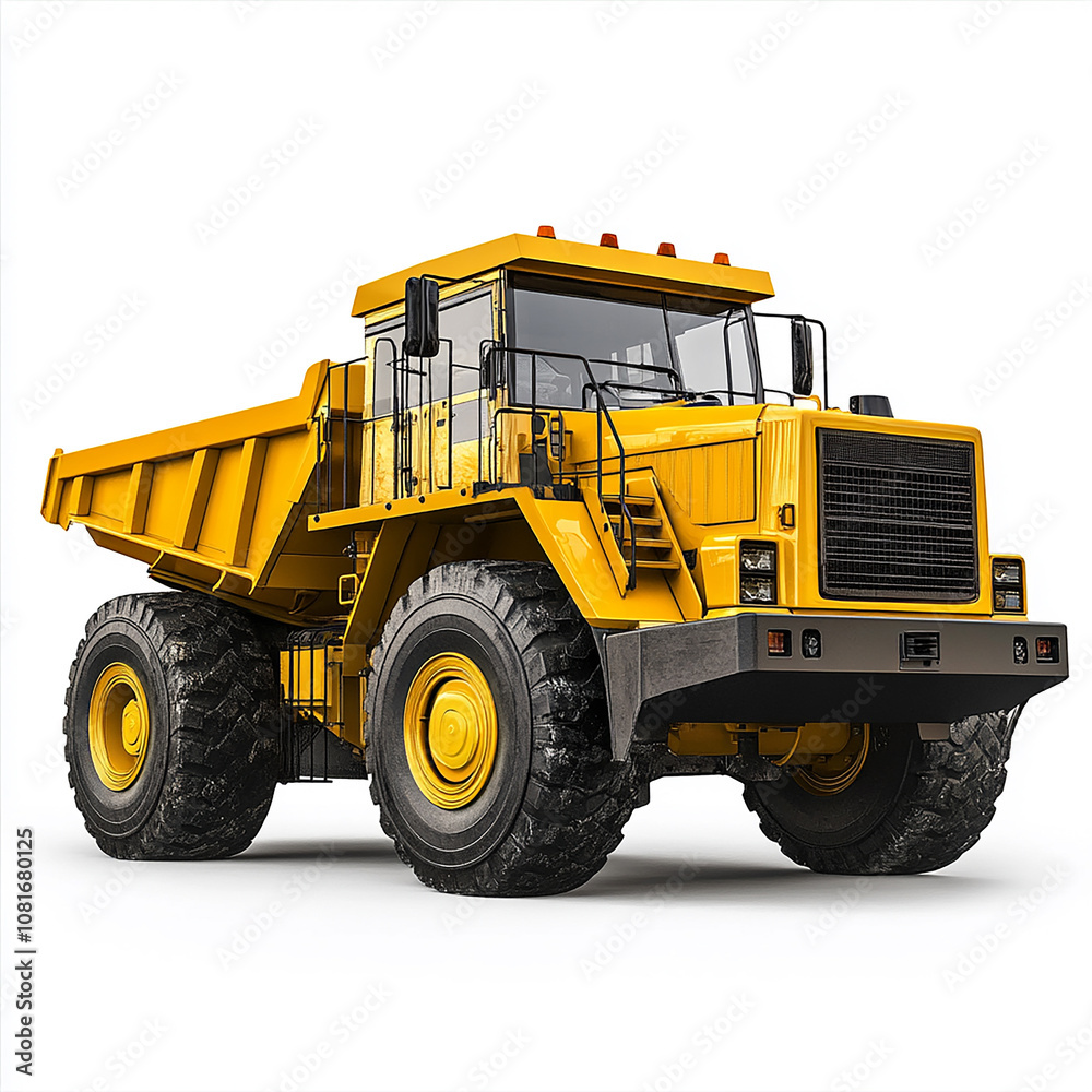 A yellow construction vehicle with a black cab isolated on white background A yellow construction vehicle with a black cab isolated on white background