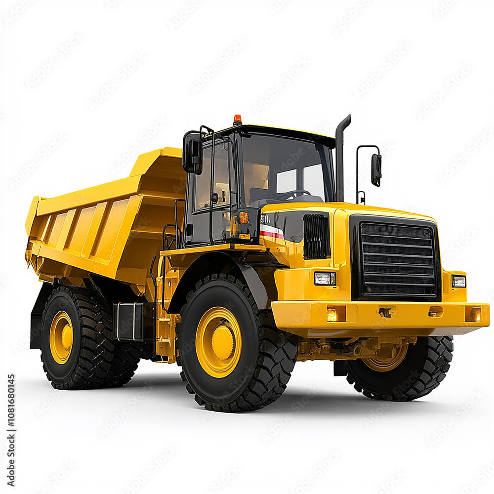 A yellow construction vehicle with a black cab isolated on white background A yellow construction vehicle with a black cab isolated on white background