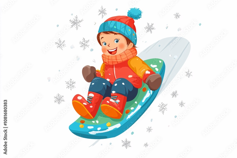 A child in a helmet joyfully sleds down a snowy hill on a vibrant sled against a white backdrop. A child in a helmet joyfully sleds down a snowy hill on a vibrant sled against a white backdrop.