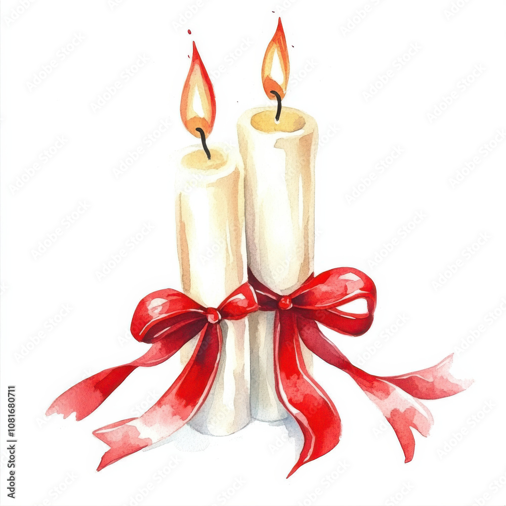 Two white candles with flames tied together with red ribbon, creating warm and festive atmosphere. Perfect for holiday decorations or celebrations Two white candles with flames tied together with red ribbon, creating warm and festive atmosphere. Perfect for holiday decorations or celebrations