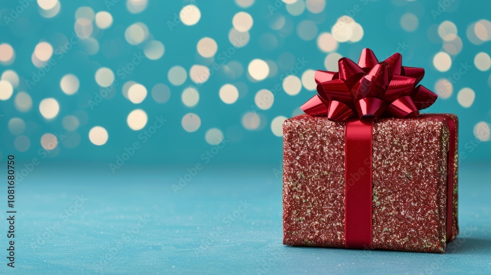 Obraz premium Red gift box with a bow on a blue background with bokeh.