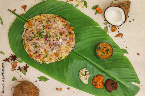 Uthappam or uttapam a type of dosa from South India which is thicker, with tomato, onion and chilli toppings photo