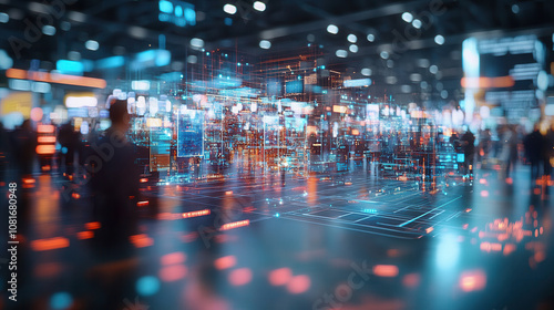 Wallpaper Mural Futuristic digital cityscape with glowing technology and people walking. vibrant lights and data streams create bustling atmosphere of innovation and connectivity Torontodigital.ca