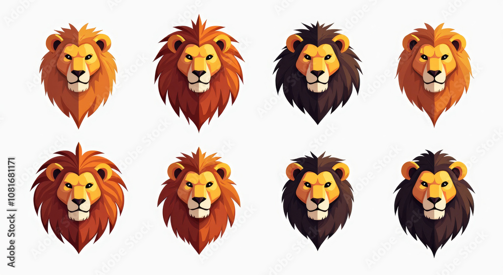 Obraz premium Set of Eight Lion Head Illustrations in Various Styles Ideal for Animal Design Projects and Mascot Logos