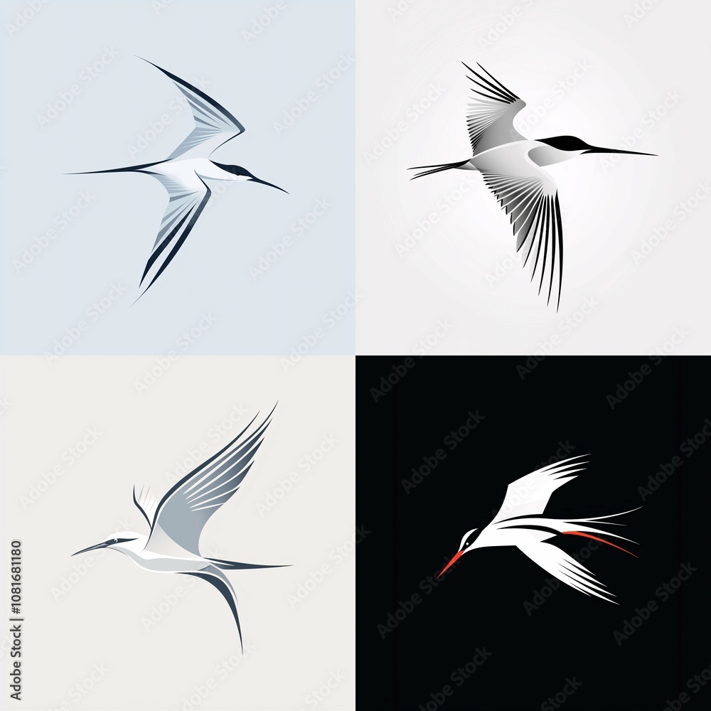 Obraz premium A sleek logo collection highlighting a graceful tern in flight with streamlined lines and a minimalist aesthetic on a white background.