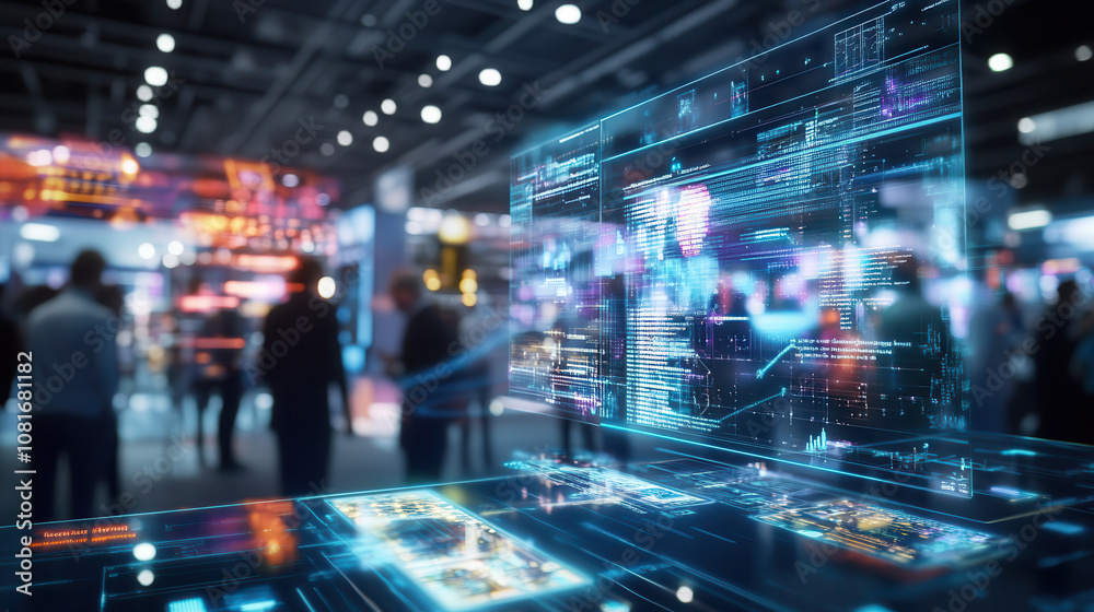 Obraz premium Futuristic digital technology display in bustling environment showcasing data visualization and interaction. scene captures vibrant atmosphere of innovation and connectivity
