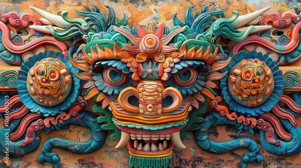 A contemporary art piece merging Chinese dragon motifs with Aztec symbols, illustrating the dialogue between Eastern and Western artistic traditions. A contemporary art piece merging Chinese dragon motifs with Aztec symbols, illustrating the dialogue between Eastern and Western artistic traditions.