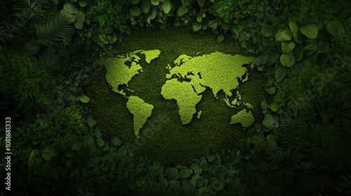 A lush green world map created from natural foliage.