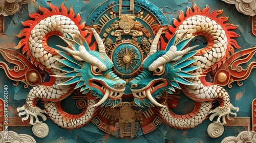 A contemporary art piece merging Chinese dragon motifs with Aztec symbols, illustrating the dialogue between Eastern and Western artistic traditions.