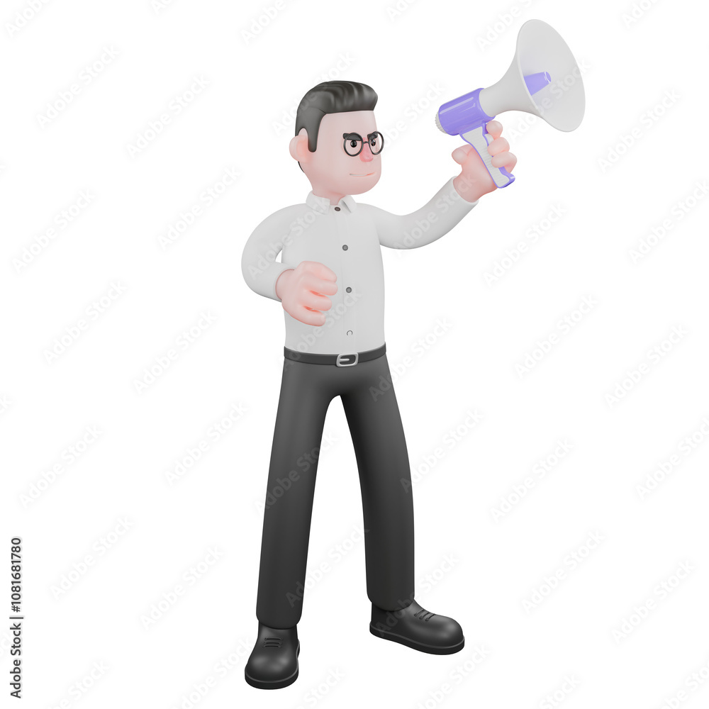 Filmmaker 3D Cartoon. A male producer is standing with his left hand raised up while holding a loudspeaker with his right hand raised slightly. Producer Illustration Filmmaker 3D Cartoon. A male producer is standing with his left hand raised up while holding a loudspeaker with his right hand raised slightly. Producer Illustration