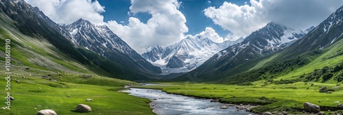Landscape of Snow-Capped Mountains, Verdant Valleys, and a Serene River Under a Clear Blue Sky, Beauty of Nature – Modern Header Banner Background