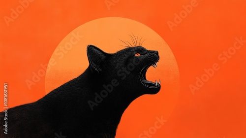 A fierce black cat silhouetted against a vibrant orange sunset. photo