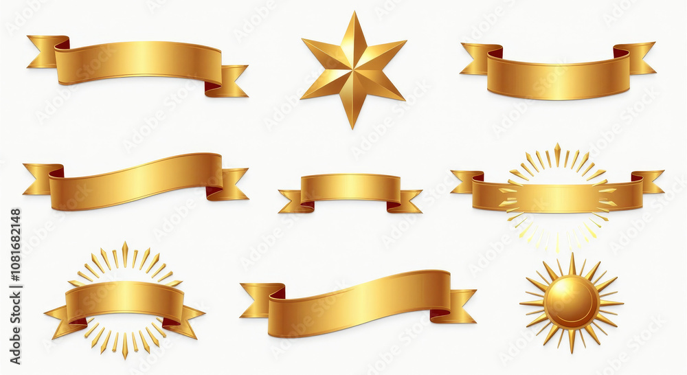 Elegant Golden Award Ribbons and Star Set Illustration with Decorative Sunbursts for Celebrations and Achievements Elegant Golden Award Ribbons and Star Set Illustration with Decorative Sunbursts for Celebrations and Achievements