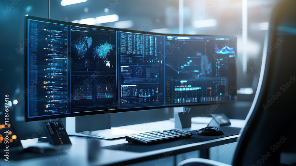 Naklejka premium modern workspace featuring multiple high resolution monitors displaying data analytics and global maps, creating tech savvy atmosphere