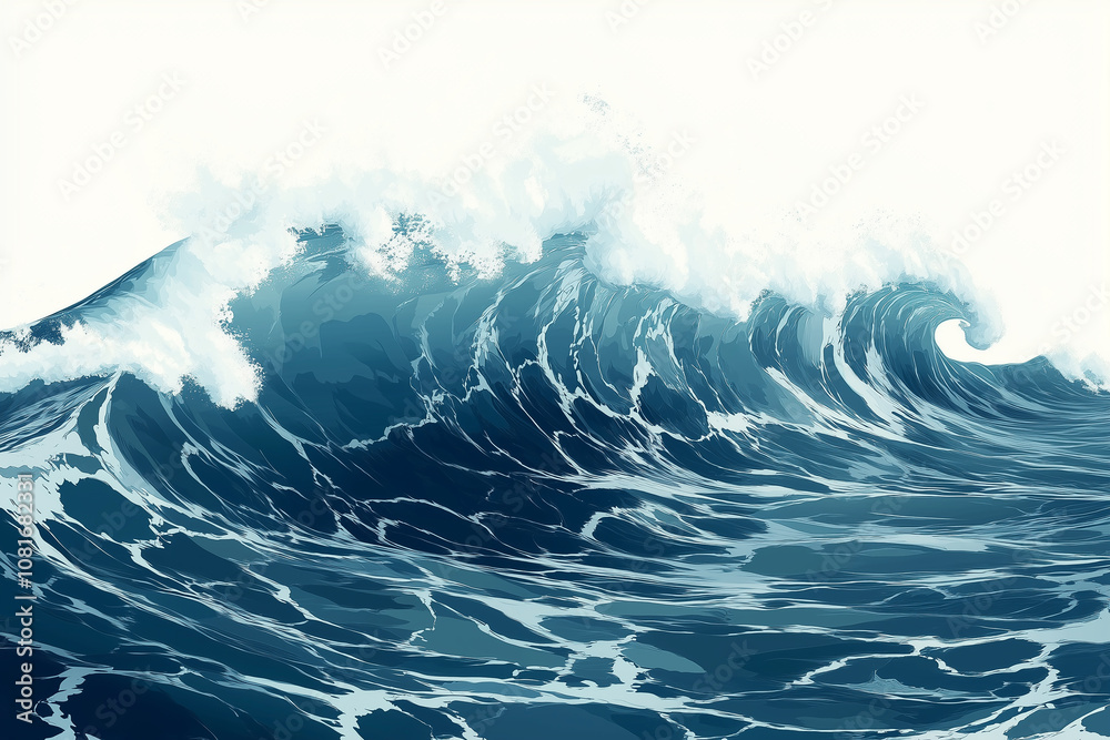 An illustration of a dynamic high-tide, dark blue ocean wave breaking against a pure white backdrop. For sea, ocean, and tsunami-themed contents. An illustration of a dynamic high-tide, dark blue ocean wave breaking against a pure white backdrop. For sea, ocean, and tsunami-themed contents.