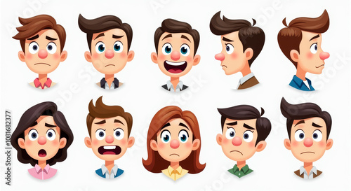 Cartoon Emotional Expressions Illustration Set Featuring Diverse Characters with Various Facial Emotions - Perfect for Educational Materials and Character Design.