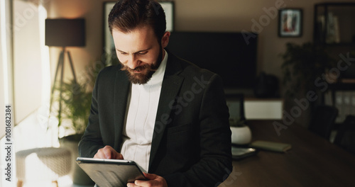 Photography Litigation, reading and tablet with lawyer man in office for court case preparation or information