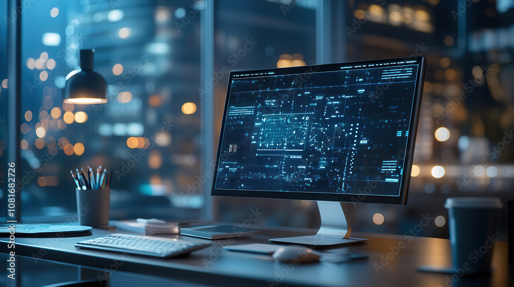 modern workspace featuring computer monitor displaying digital data and analytics, with stylish desk setup and city lights in background, creating tech savvy atmosphere modern workspace featuring computer monitor displaying digital data and analytics, with stylish desk setup and city lights in background, creating tech savvy atmosphere