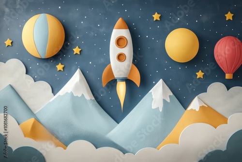 A paper rocket is flying through the sky above mountains and clouds