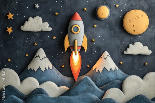 A rocket is flying through the sky above a mountain range