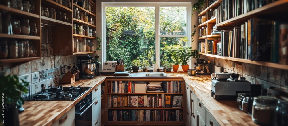 Small kitchen with a window, wooden shelves, and a bookshelf in the middle. Small kitchen with a window, wooden shelves, and a bookshelf in the middle.