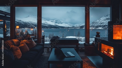 A cozy living room with a fireplace and a view of the mountains