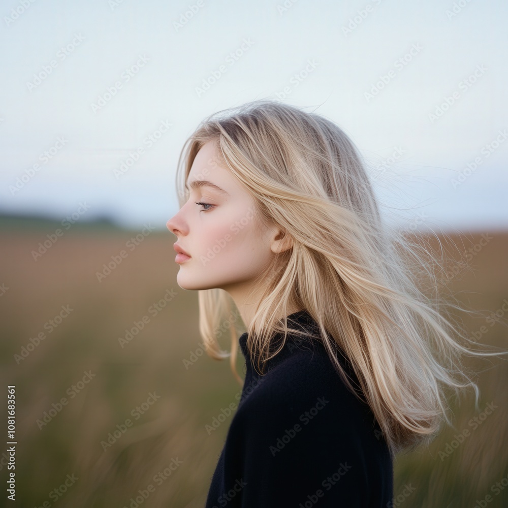 A serene profile of a young woman in a field, capturing the beauty of nature and tranquility. A serene profile of a young woman in a field, capturing the beauty of nature and tranquility.