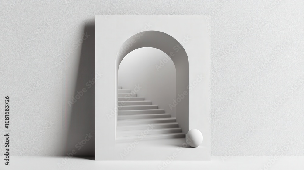 A minimalist architectural design featuring a staircase and an egg.