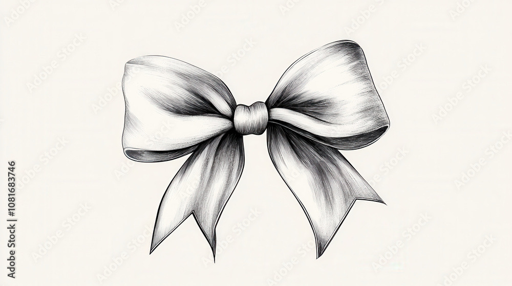 Naklejka premium minimalistic black and white illustration of decorative bow, showcasing elegant curves and shading. This artwork captures classic design with timeless appeal