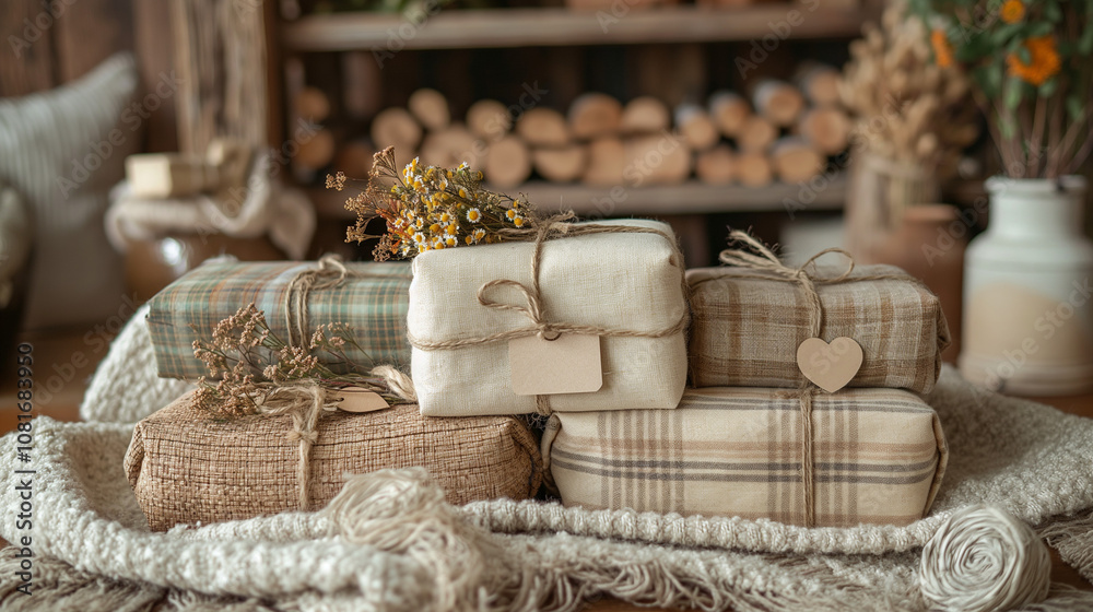 Handcrafted gift presentation with beautifully wrapped items, featuring unique decorations like handmade tags, natural twine, and dried flowers, set in a cozy environment with warm colors and soft tex Handcrafted gift presentation with beautifully wrapped items, featuring unique decorations like handmade tags, natural twine, and dried flowers, set in a cozy environment with warm colors and soft tex