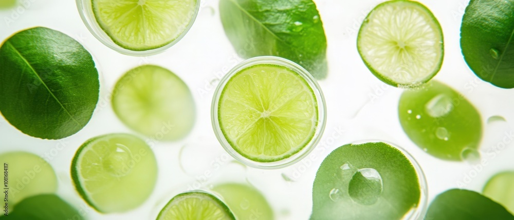 Fresh lime slices and green leaves create a refreshing background. Fresh lime slices and green leaves create a refreshing background.