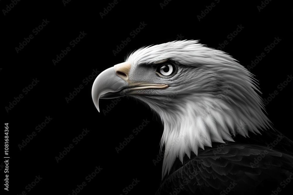 A majestic bald eagle in profile against a dark background. A majestic bald eagle in profile against a dark background.