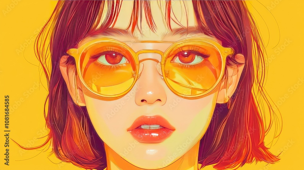Fototapeta premium Portrait of a young woman with short brown hair and yellow sunglasses.