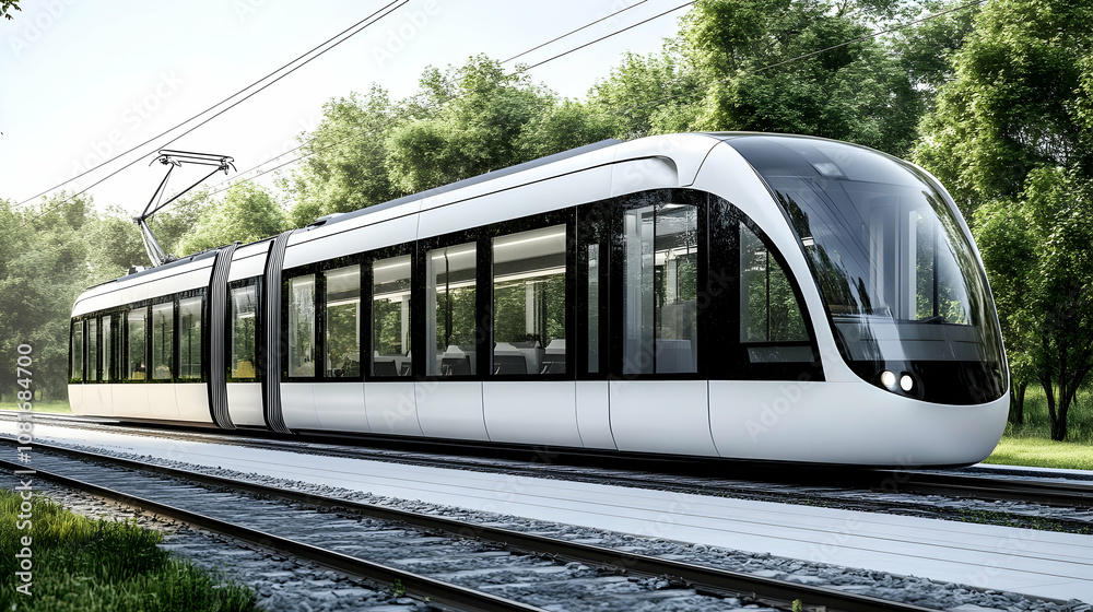 Fototapeta premium Modern Electric Tram Travels Through Lush Green Landscape, Eco-Friendly Transportation Solution.