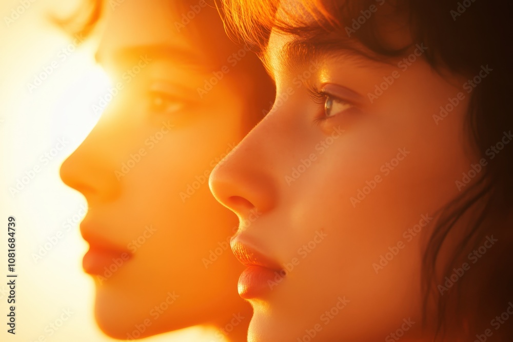 Silhouettes of two women in warm sunset light, capturing a moment of reflection. Silhouettes of two women in warm sunset light, capturing a moment of reflection.