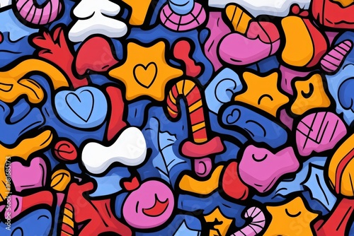 A vibrant and playful abstract pattern filled with colorful shapes and designs. photo