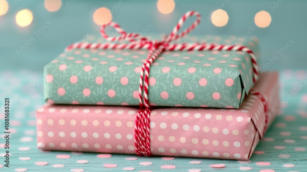 Two polka dot wrapped gifts tied with red and white twine on a blue wooden background. Two polka dot wrapped gifts tied with red and white twine on a blue wooden background.
