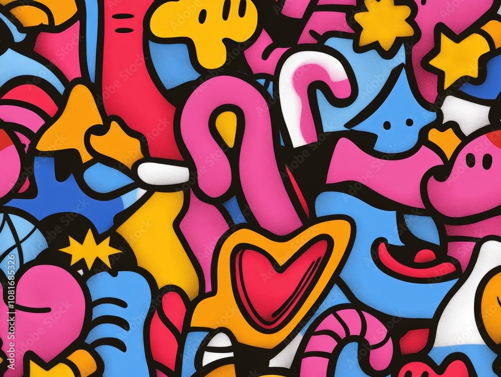 A vibrant and playful abstract pattern filled with colorful shapes and designs. A vibrant and playful abstract pattern filled with colorful shapes and designs.