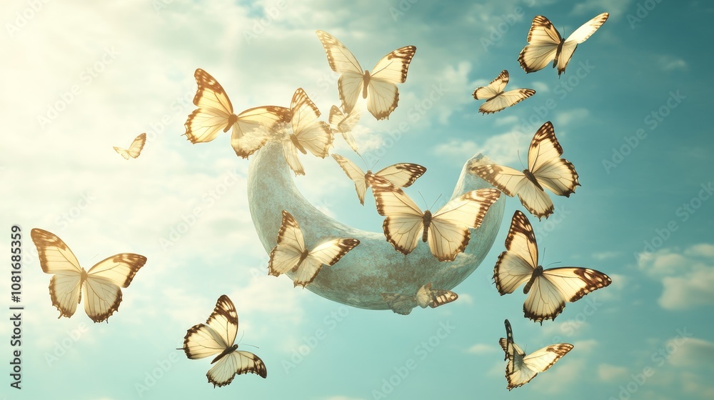 Naklejka premium A crescent moon surrounded by a swarm of white butterflies flying against a bright blue sky