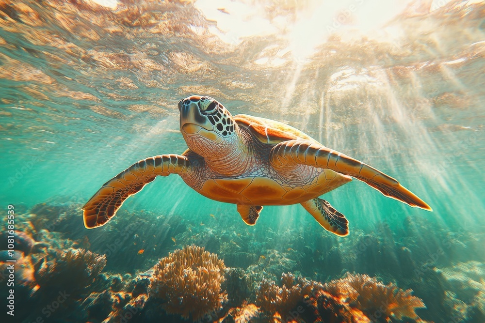 Fototapeta premium A turtle swimming in the ocean with the sun shining on it