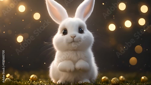 A cute white bunny with big, expressive eyes sitting on a grassy surface, surrounded by warm golden lights in the background, creating a whimsical and enchanting scene.