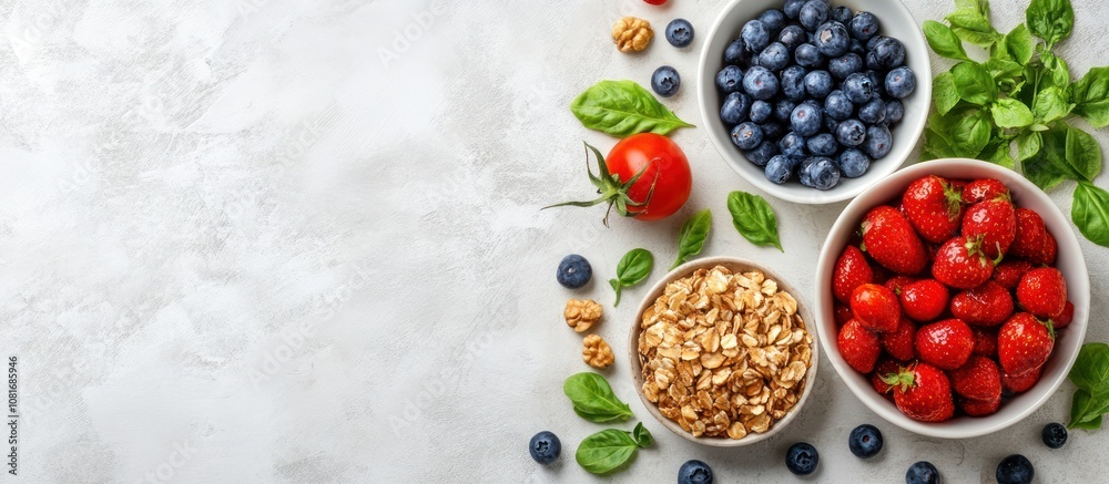 Top view of healthy breakfast ingredients in white bowls on a grey surface. Top view of healthy breakfast ingredients in white bowls on a grey surface.