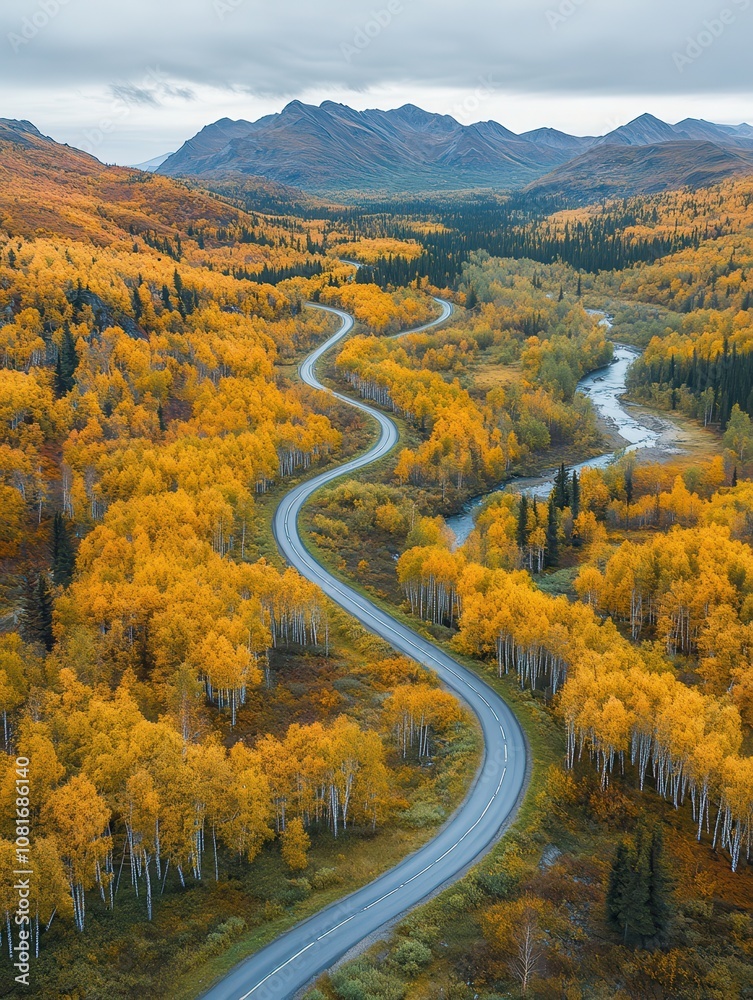 Fototapeta premium A winding road with trees on both sides and a river in the background