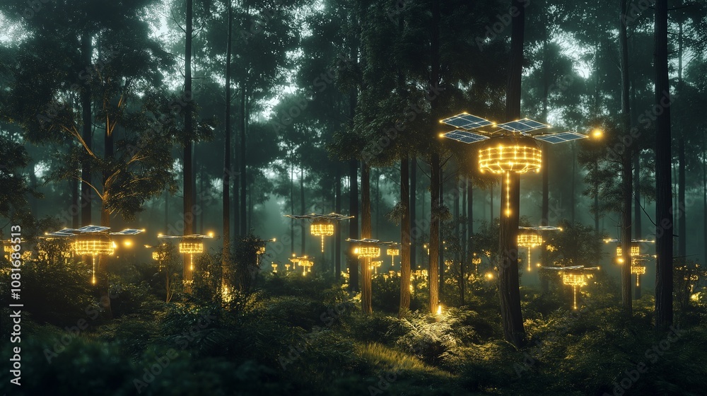 A sustainable forest management system with solar-powered drones monitoring tree growth, health, and biodiversity. A sustainable forest management system with solar-powered drones monitoring tree growth, health, and biodiversity.