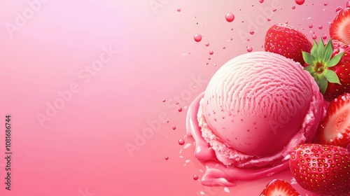 Appetizing strawberry ice cream scoop with bright, fresh strawberries, styled for a summer dessert cafe banner.