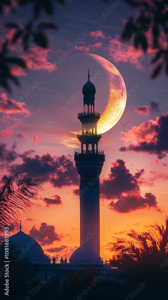 Fototapeta premium Ramadan or islamic concept wallpaper, Mosque sunset islamic frame, social media story, EID