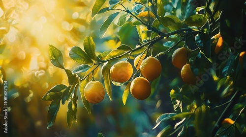 Lemon tree branch with ripe lemons and bright green leaves under the sun